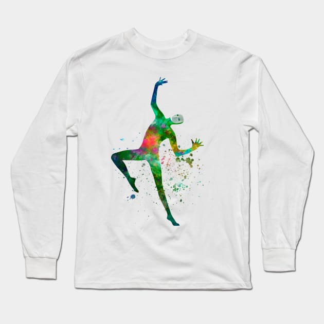 performer mime with mask dancing dancer silhouette in watercolor Long Sleeve T-Shirt by PaulrommerArt